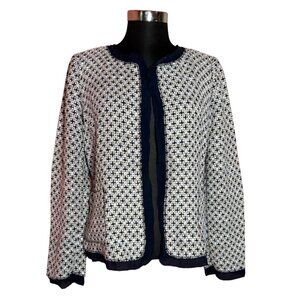 Ellen Tracy Open Front Cotton Blend Tweed Blazer Navy White Tan Size 12
